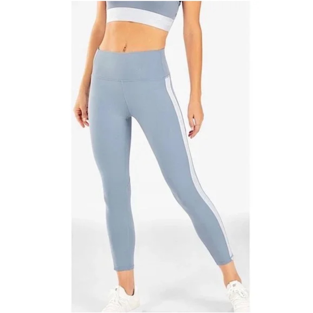 Fabletics High Waisted Powerhold Baby Blue Logo Stripe Crop Leggings